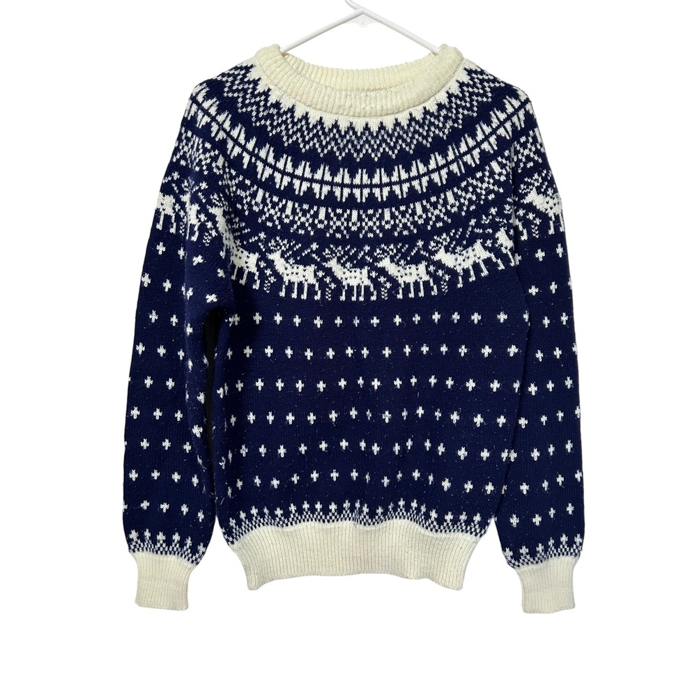 Vintage Navy Fair Isle Reindeer Knit Sweater Cabin Nordic Mens Medium